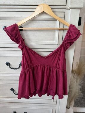 Francesca's Collections Burgundy Ruffled Peplum Crop Top